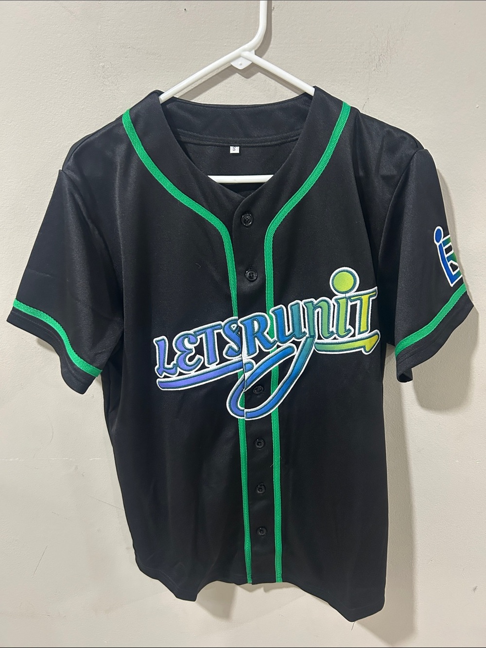 Kids Black LETSRUNIT Baseball Jersey with Green Trim